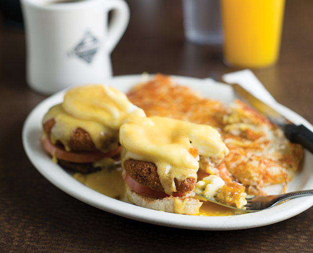 The scrumptious crab cake benedict at Woodbury Cafe makes for a hearty breakfast.