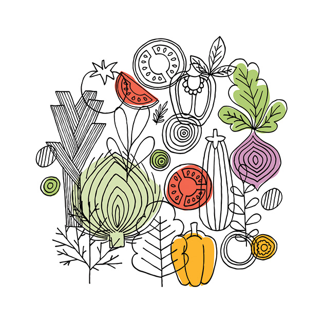 An illustration of various fruits and vegetables.