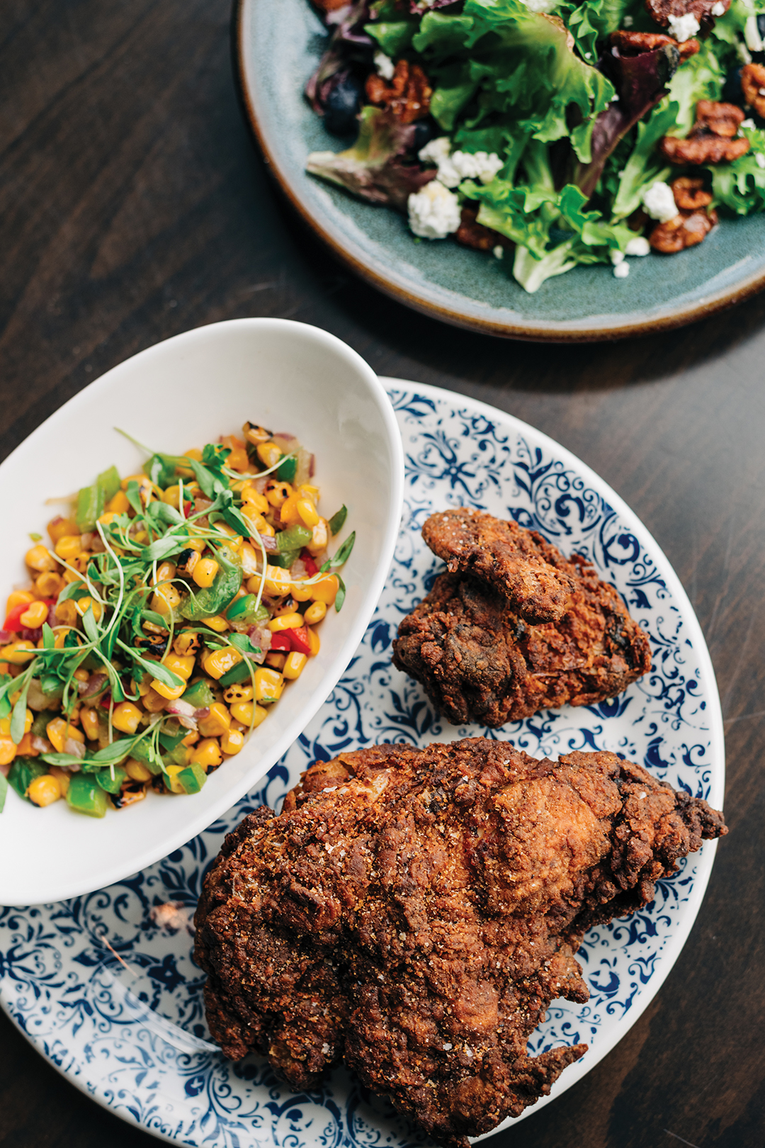 Fried Chicken with Collard Greens and Roasted Corn