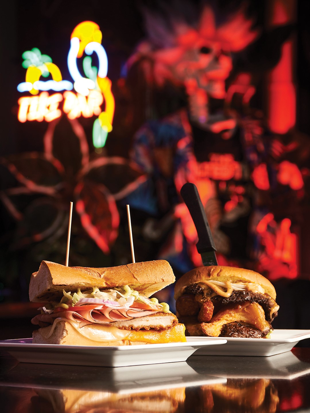 Tiki Chicken Club and Big Kahuna Burger