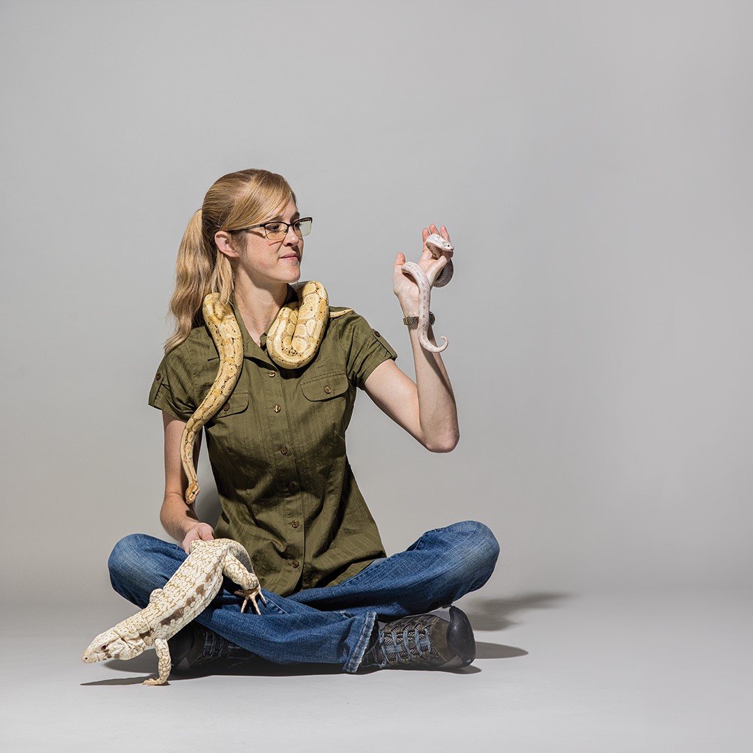 Emily Roberts of Snake Discovery with various reptiles.