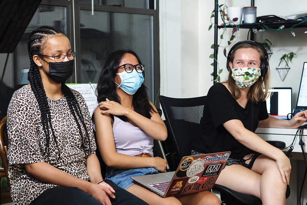 From left to right, Kaaha Kaahiya, Julianne Escanan and Rachel Brees recording for Picnic Basket Theatre in 2022.