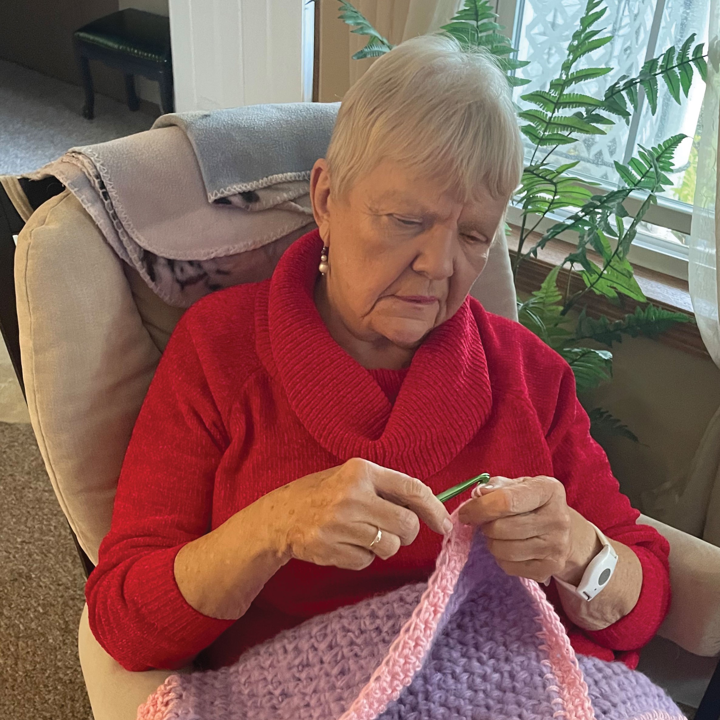 For the past eight years, Arvilla Lang has crocheted hats for her daughter’s, Tricia Thissen, Woodbury Elementary classroom.