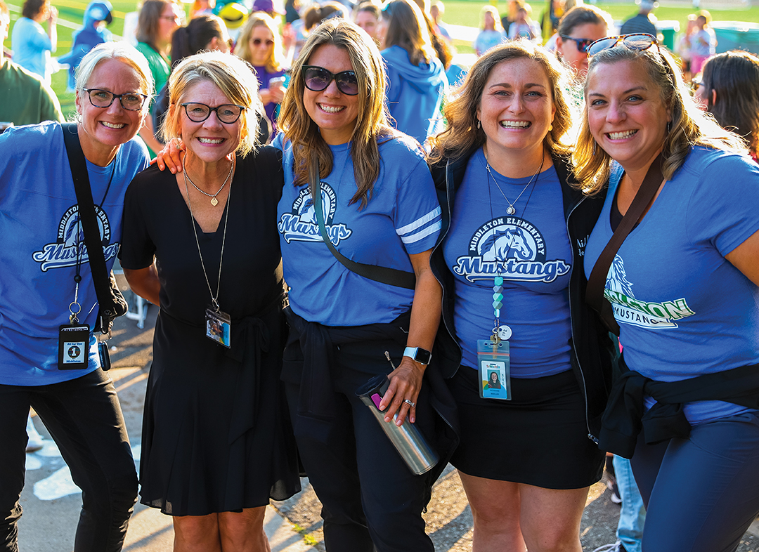 Holly Hins, Julie Nielsen, Sara Hjelmeland, Katie Moeller and Kristin Esboldt during the 2023–24 Staff Welcome Back. Nielsen worked closely with these teachers while she was the principal at Middleton Elementary School.