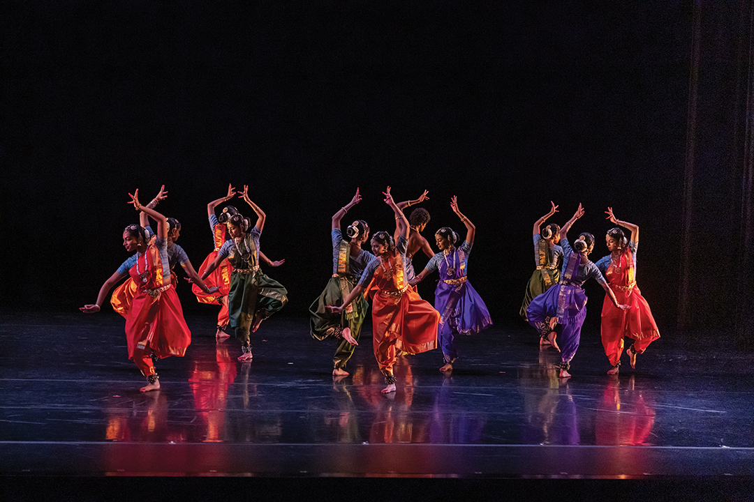 A moment from Kala Vandanam’s 20th anniversary production Sampradaya, featuring complex abstract movement.