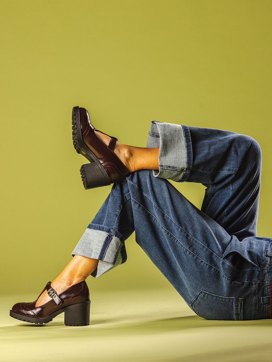 Arrive in style this fall with the Mac and Me high rise boyfriend jean with fixed cuff ($88) and the Dirty Laundry patent leather Mary Jane pumps ($80).
