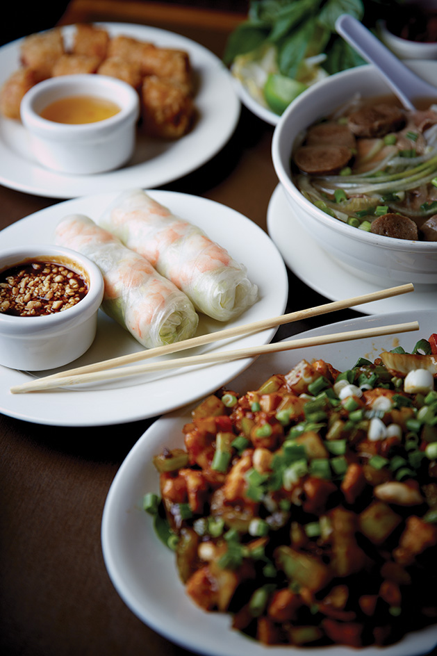 Fresh Spring Rolls with Shrimp Crispy Chicken Egg Rolls 
Combination meats Coconut-Curry with Vegetables 
Sesame Chicken 
Kung Pao Chicken 
Szechuan Chicken 
Pho with Beef and Meatball