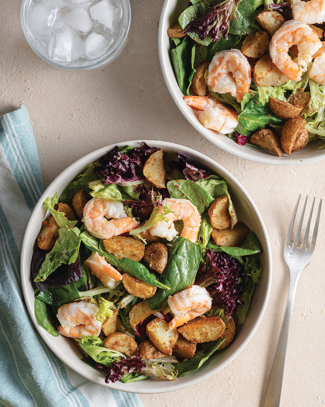Tahini Potatoes and Greens with Ginger Shrimp