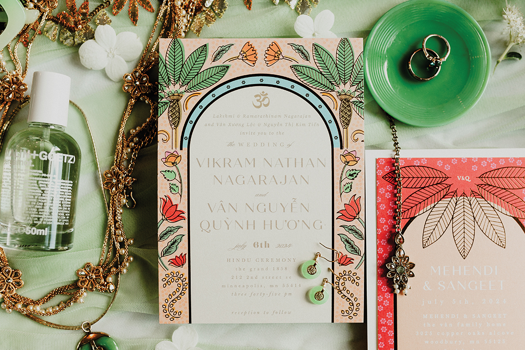 Quynh-Huong Van and Vikram Nagarajan welcomed 300 guests to their Hindu wedding ceremony at Minneapolis Event Centers on July 6, 2025. Van’s wedding ring incorporates blue zircon, “… the oldest mineral on Earth and is naturally found in Vietnam and India,” Van says. Vikram Nagarajan’s wedding band is in matching rose gold.
