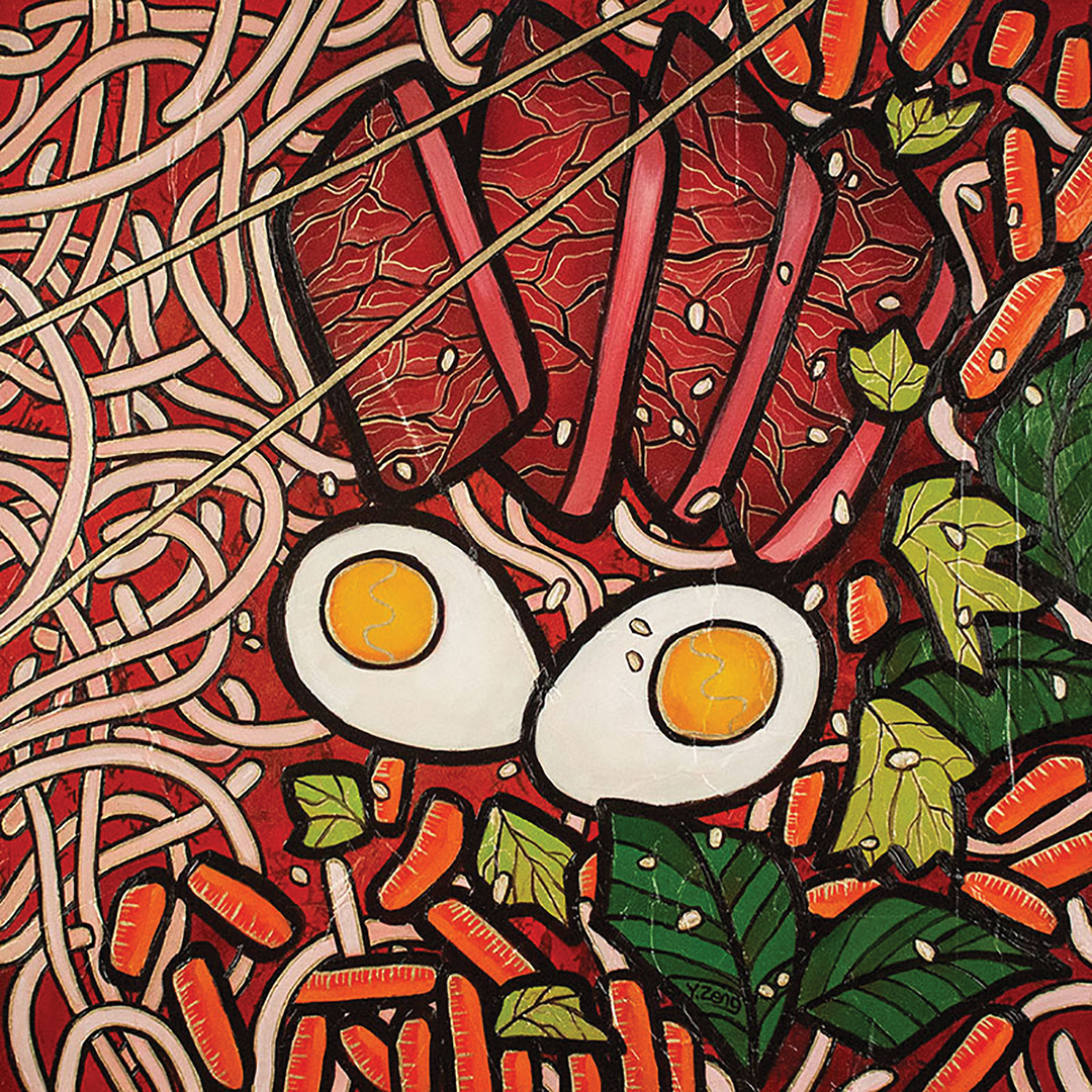 Ramen Noodle Beef, 20”x20”, acrylic and oil paints, plus vintage Japanese paper.