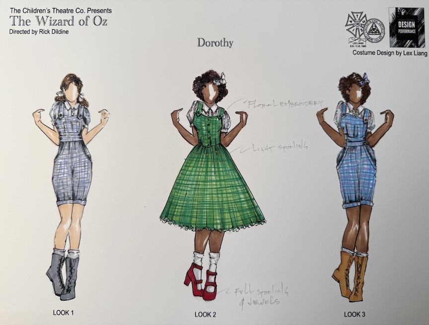 Costume designer Lex Liang’s original sketches for Dorothy in the Children's Theatre Company's production of The Wizard of Oz. Artist: Lex Liang