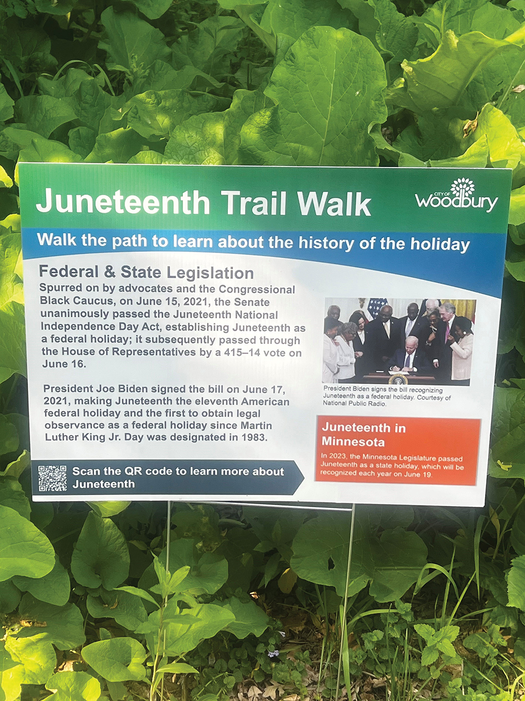 The City of Woodbury is hosting the second annual Juneteenth Trail Walks, where residents can stroll through local parks and encounter some of the history of Juneteenth. The signage will be posted from June 1–22.