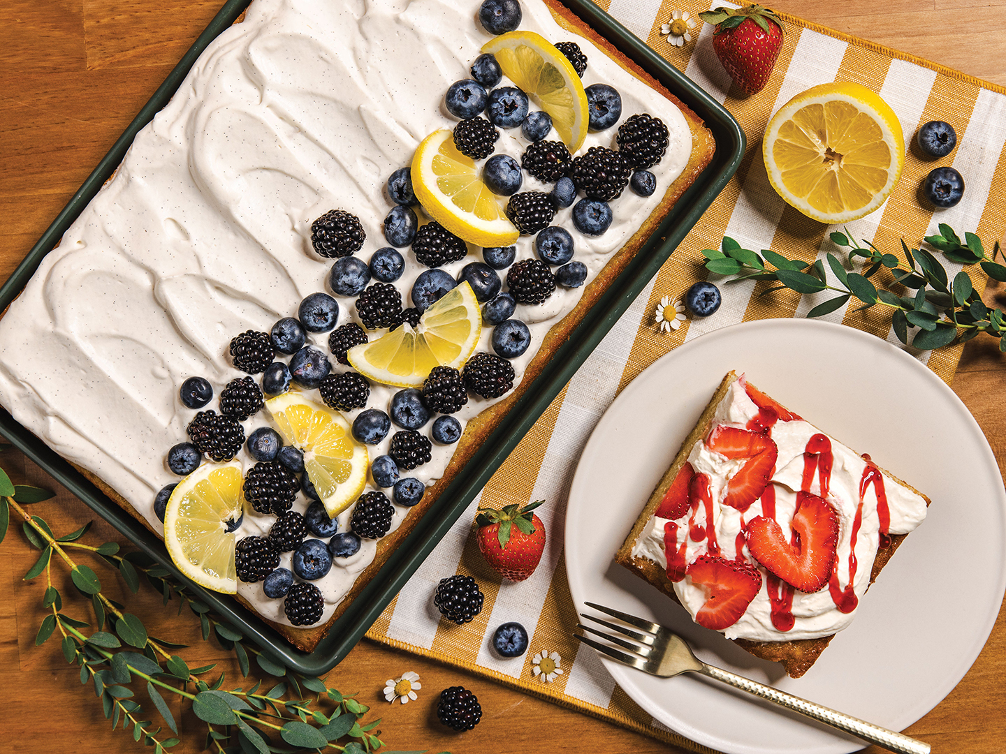 Berries add beauty, color and flavor to all our favorite summer desserts. For an easy crowd-pleaser, top a sheet cake with whipped cream and an assortment of in-season berries. Berries add beauty, color and flavor to all our favorite summer desserts. For an easy crowd-pleaser, top a sheet cake with whipped cream and an assortment of in-season berries.