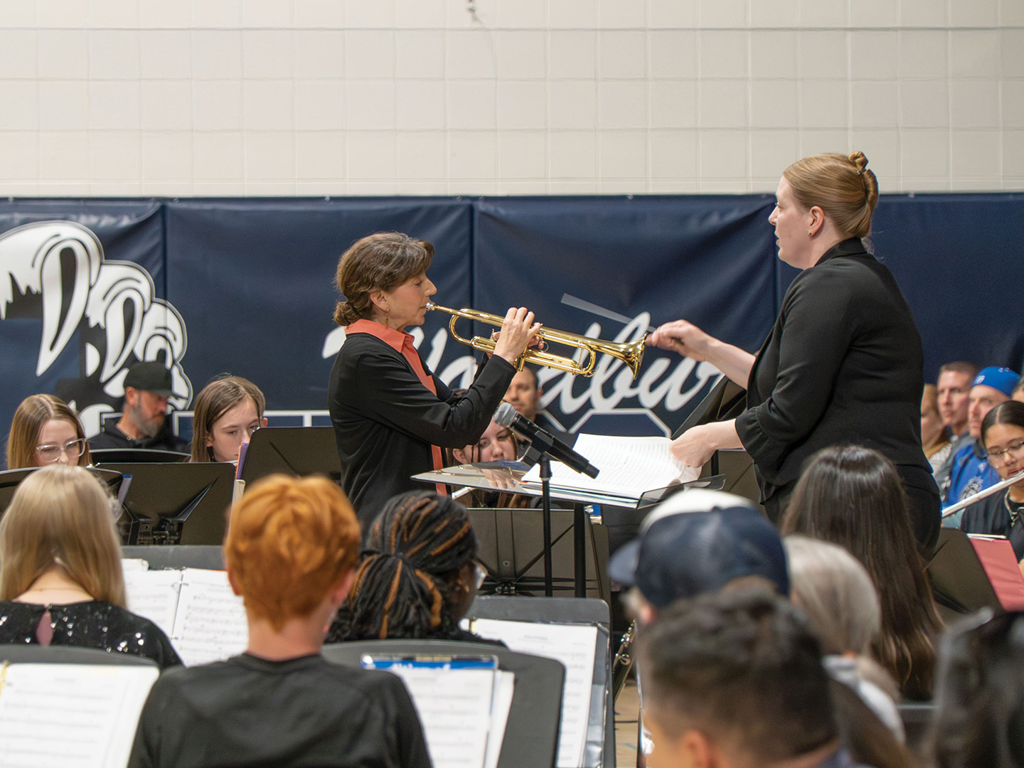 Thanks to a grant from the St. Croix Valley Foundation, band students at Woodbury Middle School learned from professional trumpet soloist Amy Schendel, D.M.A., and performed a piece alongside her during their May concert.