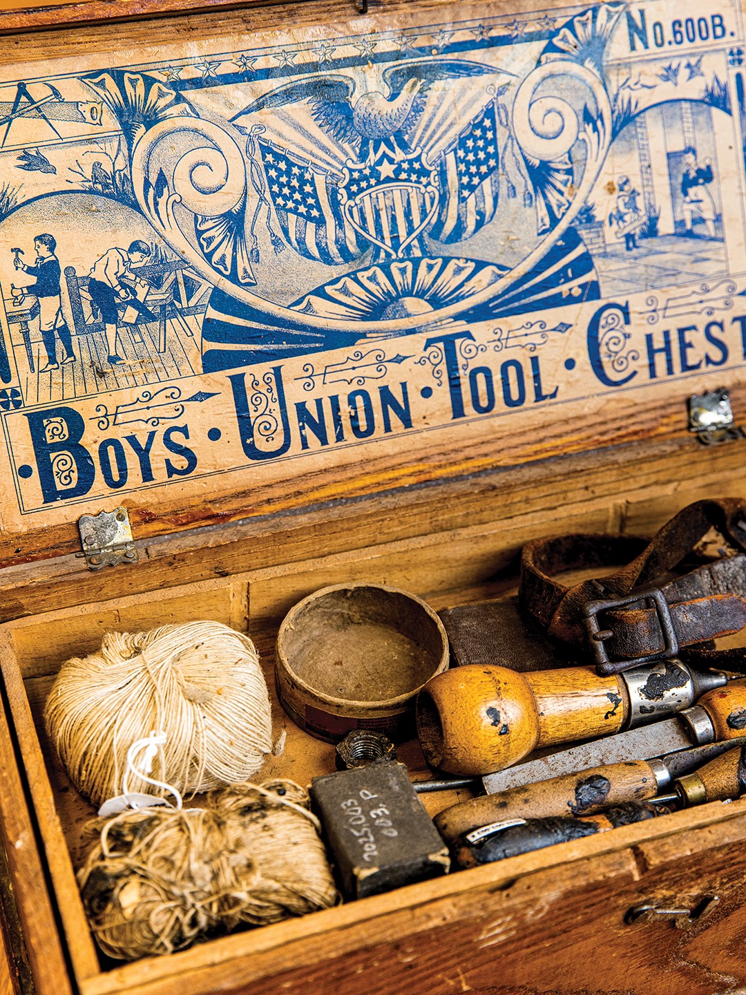 Through the Minnesota Historical Society’s Legacy Grants program, the Woodbury Heritage Society has unearthed local history, and has documented and researched thousands of items. This Boys Union Tool Chest is one of those items. Although it once held miniature toy tools, it now contains cobbler tools.
