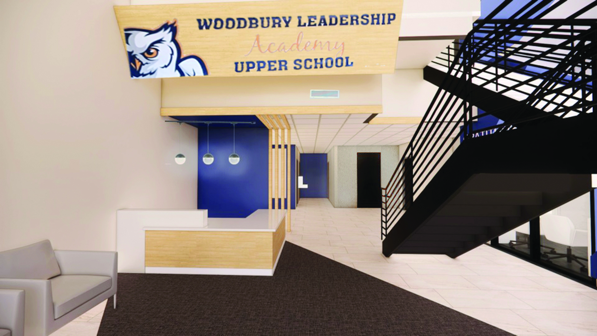 A rendering of the new Upper School lobby