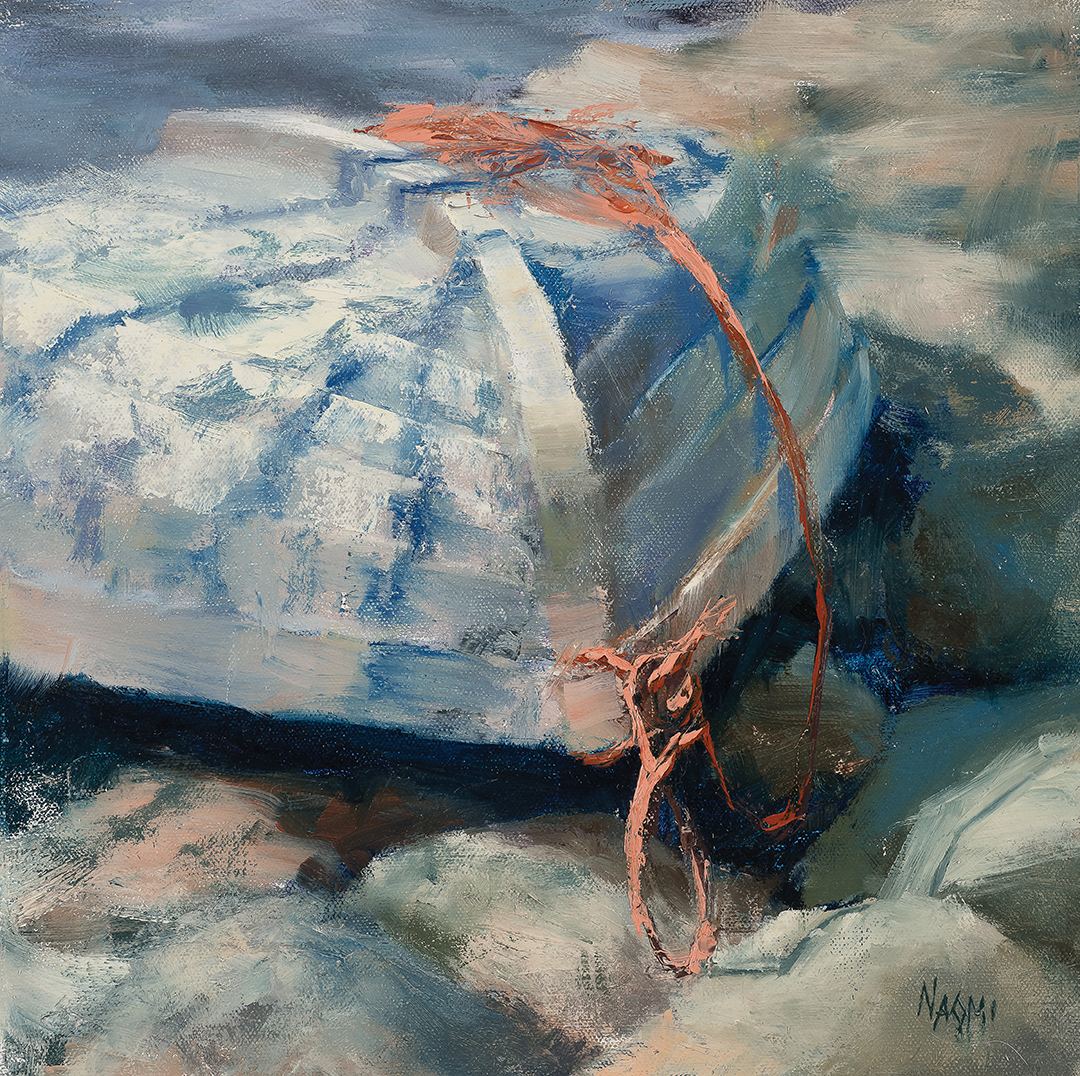 Naomi Tiry Salgado’s Tied but Not Tethered (12”x12”) is an oil painting on a linen panel; it is available for purchase through Tiry Salgado